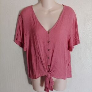 Francesca's Blue Rain Pink V-Neck Button Down Knot Tie Top Size Women's Medium
